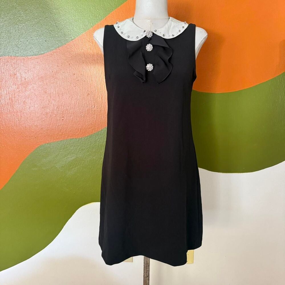 Betsey Johnson Black Scuba Shift Dress Sz 4 Rhinestone Peter Pan Collar Ruffle